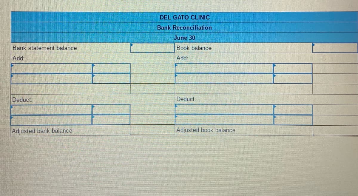 DEL GATO CLINIC
Bank Reconciliation
June 30
Bank statement balance
Book balance
Add:
Add:
Deduct:
Deduct:
Adjusted bank balance
Adjusted book balance
