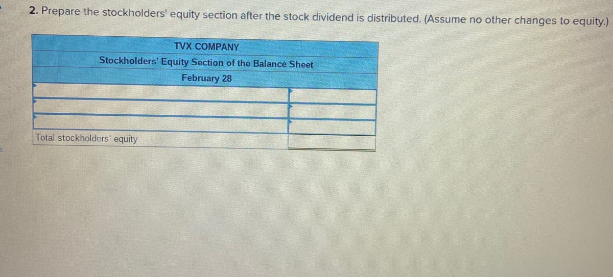 2. Prepare the stockholders' equity section after the stock dividend is distributed. (Assume no other changes to equity.)
TVX COMPANY
Stockholders' Equity Section of the Balance Sheet
February 28
Total stockholders' equity
