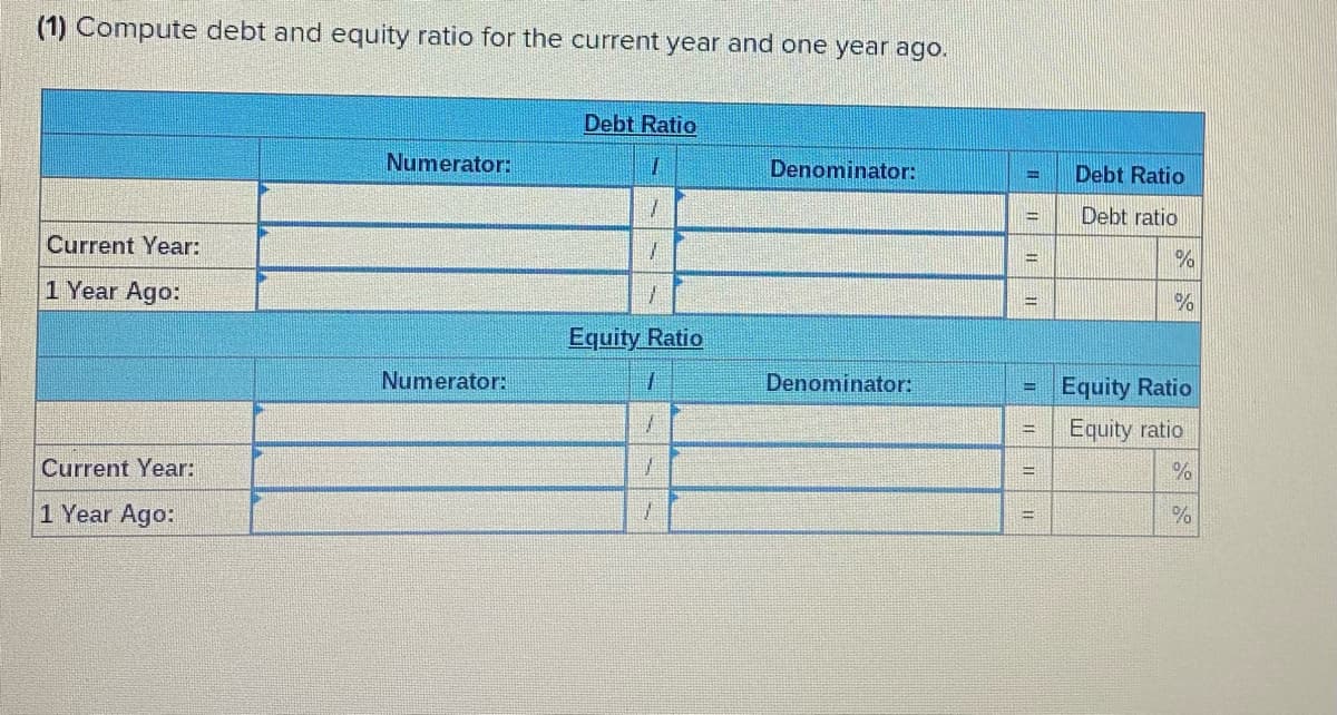 (1) Compute debt and equity ratio for the current year and one year ago.
Current Year:
1 Year Ago:
Current Year:
1 Year Ago:
Numerator:
Numerator:
Debt Ratio
1
1
1
1
Equity Ratio
1
1
1
1
Denominator:
Denominator:
B
www
=
Debt Ratio
Debt ratio
%
%
Equity Ratio
Equity ratio
%
%