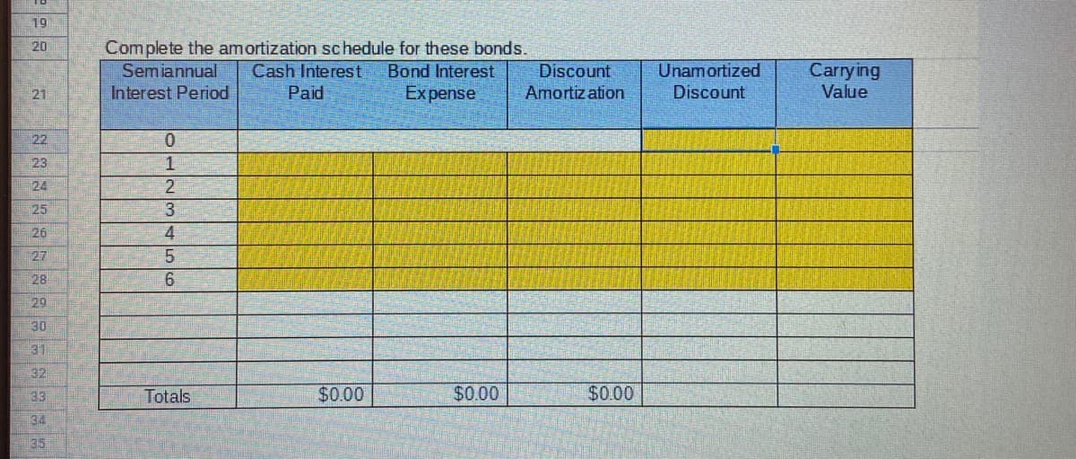 19
Complete the amortization schedule for these bonds.
Cash Interest
Paid
20
Bond Interest
Carrying
Value
Semiannual
Discount
Amortiz ation
Unamortized
21
Interest Period
Expense
Discount
22
0.
23
24
25
26
4
27
28
29
30
31
32
33
Totals
$0.00
$0.00
$0.00
34
35
