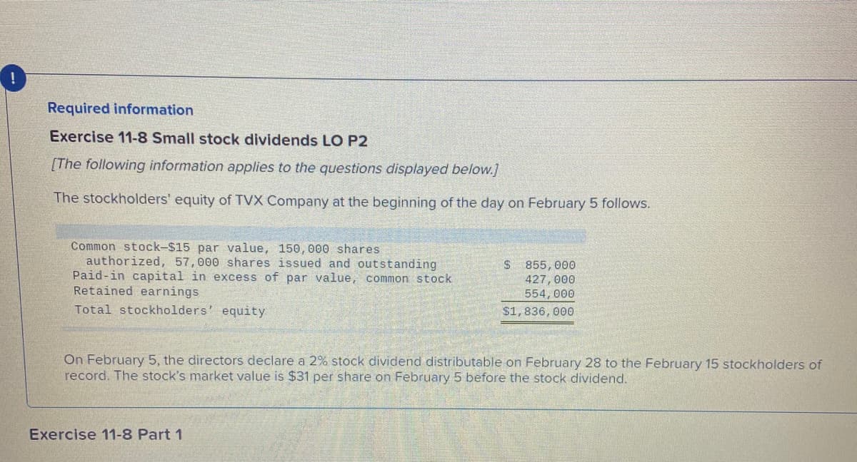 Required information
Exercise 11-8 Small stock dividends LO P2
[The following information applies to the questions displayed below.]
The stockholders' equity of TVX Company at the beginning of the day on February 5 follows.
Common stock-$15 par value, 150, 000 shares
authorized, 57,000 shares issued and outstanding
Paid-in capital in excess of par value, common stock
Retained earnings
855, 000
427, 000
554, 000
Total stockholders' equity
$1,836, 000
On February 5, the directors declare a 2% stock dividend distributable on February 28 to the February 15 stockholders of
record. The stock's market value is $31 per share on February 5 before the stock dividend.
Exercise 11-8 Part 1
