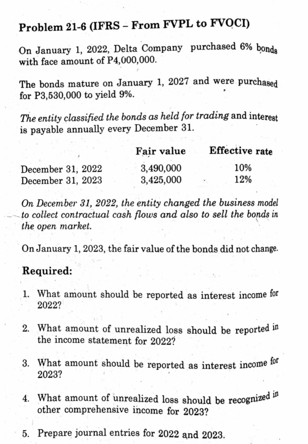 Problem 21-6 (IFRS - From FVPL to FVOCI)
On January 1, 2022, Delta Company purchased 6% bonds
with face amount of P4,000,000.
The bonds mature on January 1, 2027 and were
for P3,530,000 to yield 9%.
The entity classified the bonds as held for trading and interest
is payable annually every December 31.
December 31, 2022
December 31, 2023
purchased
Fair value
3,490,000
3,425,000
Effective rate
10%
12%
On December 31, 2022, the entity changed the business model
to collect contractual cash flows and also to sell the bonds in
the open market.
On January 1, 2023, the fair value of the bonds did not change.
Required:
1. What amount should be reported as interest income for
2022?
2. What amount of unrealized loss should be reported in
the income statement for 2022?
3. What amount should be reported as interest income for
2023?
4. What amount of unrealized loss should be recognized in
other comprehensive income for 2023?
5. Prepare journal entries for 2022 and 2023.