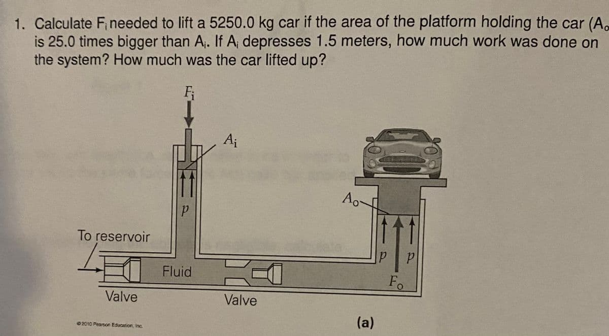 1. Calculate F, needed to lift a 5250.0 kg car if the area of the platform holding the car (A.
is 25.0 times bigger than A. If A; depresses 1.5 meters, how much work was done on
the system? How much was the car lifted up?
F;
Aj
Ao~
To reservoir
Fluid
Fo
Valve
Valve
(a)
2010 Pearson Education, Inc.
