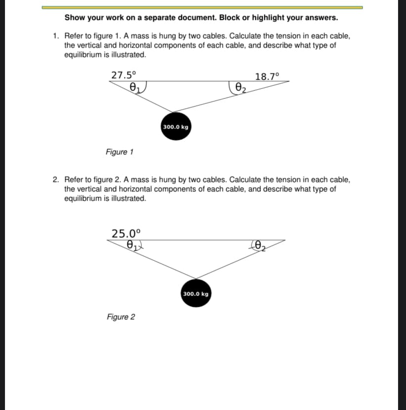 Show your work on a separate document. Block or highlight your answers.
1. Refer to figure 1. A mass is hung by two cables. Calculate the tension in each cable,
the vertical and horizontal components of each cable, and describe what type of
equilibrium is illustrated.
27.5°
18.7°
300.0 kg
Figure 1
2. Refer to figure 2. A mass is hung by two cables. Calculate the tension in each cable,
the vertical and horizontal components of each cable, and describe what type of
equilibrium is illustrated.
25.0°
300.0 kg
Figure 2
