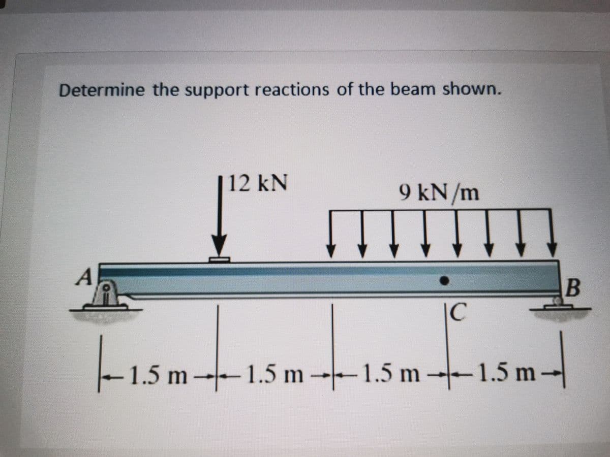 Determine the support reactions of the beam shown.
112 kN
9 kN/m
1/m
11
A
B
IC
1.5 m 1.5 m- 1.5 m--1.5 m-
