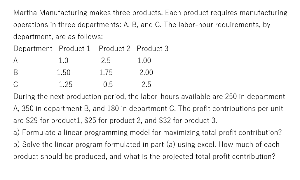 Martha Manufacturing makes three products. Each product requires manufacturing
operations in three departments: A, B, and C. The labor-hour requirements, by
department, are as follows:
Department Product 1
Product 2 Product 3
A
1.0
2.5
1.00
1.50
1.75
2.00
C
1.25
0.5
2.5
During the next production period, the labor-hours available are 250 in department
A, 350 in department B, and 180 in department C. The profit contributions per unit
are $29 for product1, $25 for product 2, and $32 for product 3.
a) Formulate a linear programming model for maximizing total profit contribution?
b) Solve the linear program formulated in part (a) using excel. How much of each
product should be produced, and what is the projected total profit contribution?
