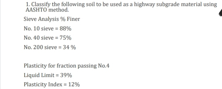 1. Classify the following soil to be used as a highway subgrade material using
AASHTO method.
Sieve Analysis % Finer
No. 10 sieve = 88%
No. 40 sieve = 75%
No. 200 sieve = 34 %
Plasticity for fraction passing No.4
Liquid Limit = 39%
Plasticity Index = 12%
%3D
