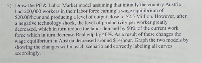 2) Draw the PF & Labor Market model assuming that initially the country Austria
had 200,000 workers in their labor force earning a wage equilibrium of
$20.00/hour and producing a level of output close to $2.5 Million. However, after
a negative technology shock, the level of productivity per worker greatly
decreased, which in turn reduce the labor demand by 50% of the current work
force which in turn decrease Real gdp by 40%. As a result of these changes the
wage equilibrium in Austria decreased around $14/hour. Graph the two models by
showing the changes within each scenario and correctly labeling all curves
accordingly.
