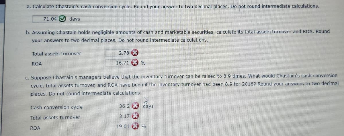 a. Calculate Chastain's cash conversion cycle. Round your answer to two decimal places. Do not round intermediate calculations.
71.04 days
b. Assuming Chastain holds negligible amounts of cash and marketable securities, calculate its total assets turnover and ROA. Round
your answers to two decimal places. Do not round intermediate calculations.
Total assets turnover
ROA
2.78
16.71
Cash conversion cycle
Total assets turnover
ROA
c. Suppose Chastain's managers believe that the inventory turnover can be raised to 8.9 times. What would Chastain's cash conversion
cycle, total assets turnover, and ROA have been if the inventory turnover had been 8.9 for 2016? Round your answers to two decimal
places. Do not round intermediate calculations.
%
36.2
3.17
days
19.01%