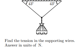 43°
43°
Find the tension in the supporting wires.
Answer in units of N.
