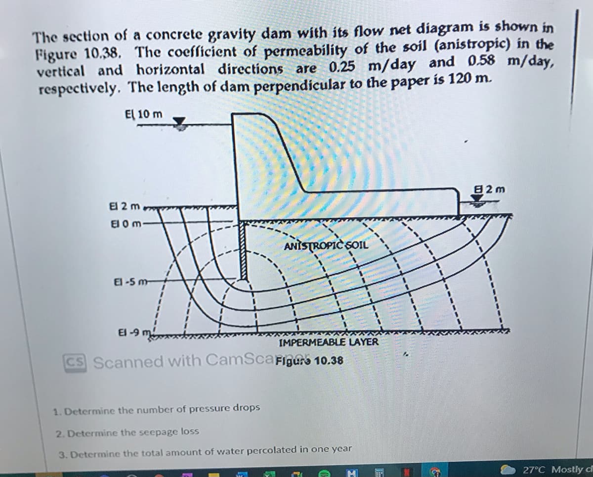 The section of a concrete gravity dam with its flow net diagram is shown in
Figure 10,38. The coefficient of permeability of the soil (anistropic) in the
vertical and horizontal directions are 0.25 m/day and 0.58 m/day,
respectively. The length of dam perpendicular to the paper is 120 m.
El 10 m
82 m
El 2 m
El O m
ANISTROPIC SOIL
El -5 m
IMPERMEABLE LAYER
CS Scanned with CamScafigurs 10.38
1. Determine the number of pressure drops
2. Determine the seepage loss
3. Determine the total amount of water percolated in one year
27°C Mostly cr
