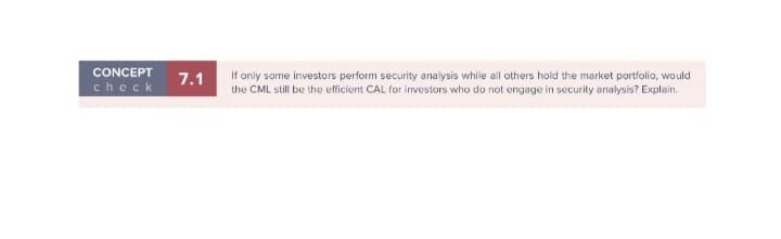 CONCEPT
If only some investors perform security analysis while all others hold the market portfolio, would
the CML still be the efficient CAL for investors who do not engage in security analysis? Explain.
7.1
check
