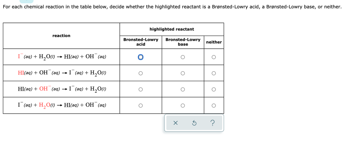 For each chemical reaction in the table below, decide whether the highlighted reactant is a Brønsted-Lowry acid, a Brønsted-Lowry base, or neither.
highlighted reactant
reaction
Bronsted-Lowry
Bronsted-Lowry
neither
acid
base
I (aq) + H,O(1)
HI(aq) + ОН (аq)
HI(aq) + OH (aq) → I (aq) + H201)
HI(aq) + ОН (аq)
I (aq) + H,O(1)
I (aq) + H,O(1) → HI(aq) + OH (aq)
