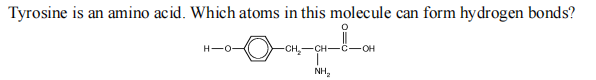 Tyrosine is an amino acid. Which atoms in this molecule can form hydrogen bonds?
OH
H-O-
-CH-CH-
NH2
