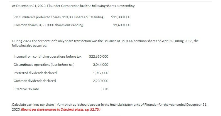 At December 31, 2023, Flounder Corporation had the following shares outstanding:
9% cumulative preferred shares, 113,000 shares outstanding
Common shares, 3,880,000 shares outstanding
During 2023, the corporation's only share transaction was the issuance of 360,000 common shares on April 1. During 2023, the
following also occurred:
Income from continuing operations before tax
Discontinued operations (loss before tax)
Preferred dividends declared
Common dividends declared
Effective tax rate
$22,630,000
3,044,000
1,017,000
2,230,000
$11,300,000
19,400,000
33%
Calculate earnings per share information as it should appear in the financial statements of Flounder for the year ended December 31,
2023. (Round per share answers to 2 decimal places, e.g. 52.75.)