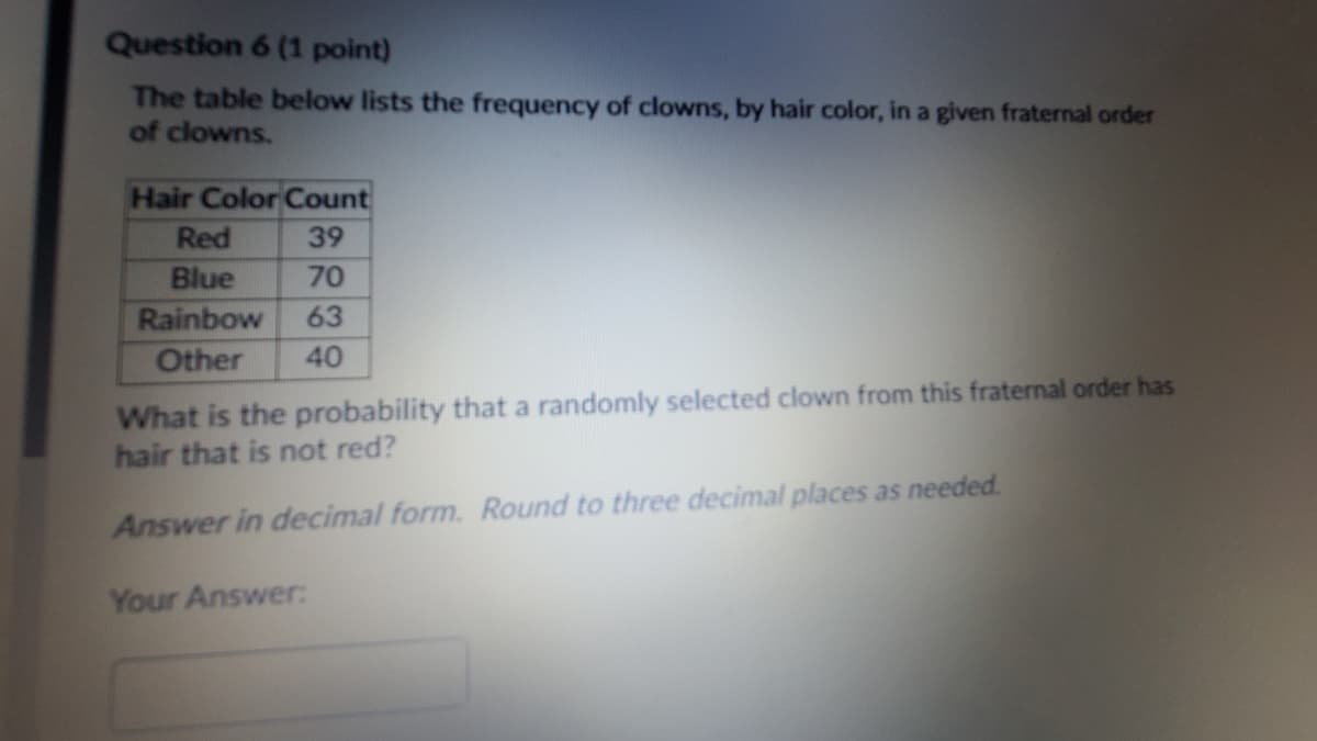 Question 6 (1 point)
The table below lists the frequency of clowns, by hair color, in a given fraternal order
of clowns.
Hair Color Count
Red
39
Blue
70
Rainbow
Other
63
40
What is the probability that a randomly selected clown from this fraternal order has
hair that is not red?
Answer in decimal form. Round to three decimal places as needed.
Your Answer:

