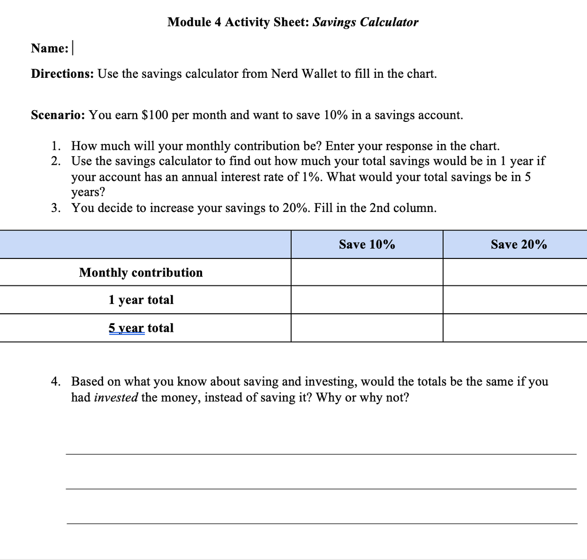 Module 4 Activity Sheet: Savings Calculator
Name:
Directions: Use the savings calculator from Nerd Wallet to fill in the chart.
Scenario: You earn $100 per month and want to save 10% in a savings account.
1. How much will your monthly contribution be? Enter your response in the chart.
2. Use the savings calculator to find out how much your total savings would be in 1 year if
your account has an annual interest rate of 1%. What would your total savings be in 5
years?
3. You decide to increase your savings to 20%. Fill in the 2nd column.
Save 10%
Save 20%
Monthly contribution
1 year total
5 year total
4. Based on what
you know about saving and investing, would the totals be the same if you
had invested the money, instead of saving it? Why or why not?