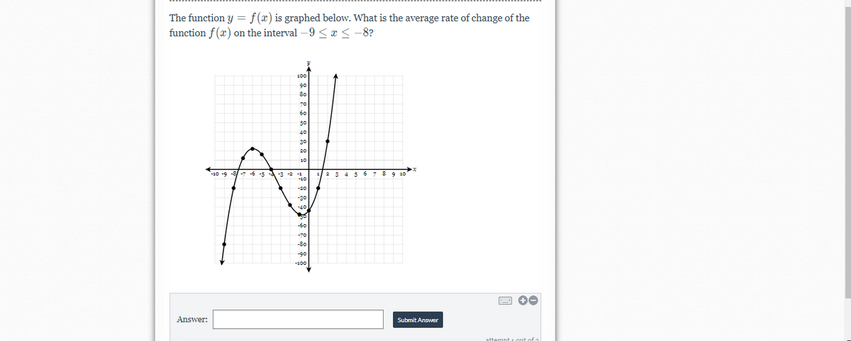 The function y = f(x) is graphed below. What is the average rate of change of the
function f(x) on the interval -9 < x < -8?
100
90
So
60
50
40
30
*-10 -9 -8/ -7 -6 -5 -A -3 -2 -1
-10
-20
-30
-40
-60
-8o
-90
-100
Answer:
Submit Answer
