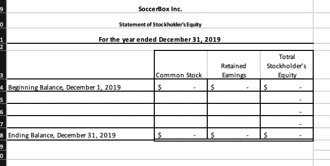 6.
SoccerBox Inc.
Statement of Stockholder's Equity
For the year ended December 31, 2019
1
Totral
Retained
Stockholder's
Common Stock
Earnings
Equity
4 Beginning Balance, December 1, 2019
8 Ending Balance, December 31, 2019
6.
