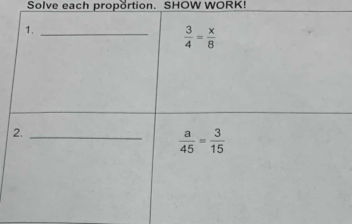 2.
Solve each proportion. SHOW WORK!
1.
3
4
a
45
=
x 100
3
15