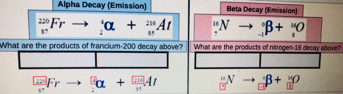 Alpha Decay (Emission)
Beta Decay (Emission)
220 Fr
→ 'a +
At
16 N
216
°B+ 0
87
85
What are the products of francium-200 decay above?
What are the products of nitrogen-16 decay above?
220F.
+ 216At
16 N
B+"0
S7
85
