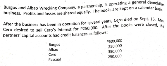 partners' capital accounts had credit balances as follows:
Burgos
Albao
P500,000
250,000
350,000
Cero
Pascual
250,000
