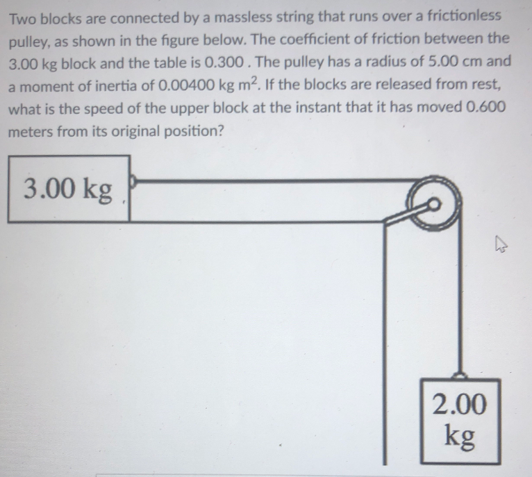 Two blocks are connected by a massless string that runs over a frictionless
pulley, as shown in the figure below. The coefficient of friction between the
3.00 kg block and the table is 0.300. The pulley has a radius of 5.00 cm and
a moment of inertia of 0.00400 kg m². If the blocks are released from rest,
what is the speed of the upper block at the instant that it has moved 0.600
meters from its original position?
3.00 kg
2.00
kg

