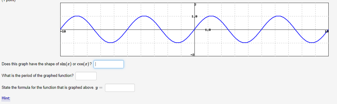 1.e
4,0
Does this graph have the shape of sin(x) or cos(x)?
What is the period of the graphed function?
State the formula for the function that is graphed above. y =
Hint:
