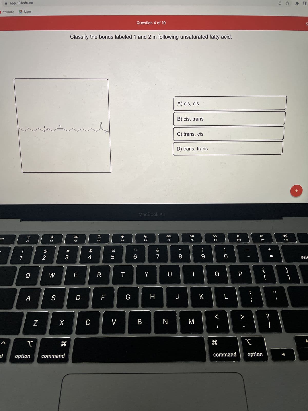 YouTube
SC
app.101edu.co
^
!
7
1
기
Maps
A
N
© 2
F2
W
2
X
H
#3
1
option command
S D
Classify the bonds labeled 1 and 2 in following unsaturated fatty acid.
80
F3
E
4
C
F4
R
OH
F
%
67 5⁰
5
V
F5
T
G
Question 4 of 19
<CO
6
MacBook Air
B
F6
Y
H
&
18
7
F7
U
N
A) cis, cis
B) cis, trans
C) trans, cis
D) trans, trans
8
DII
F8
|
(
9
J K
M
F9
O
H
L
F10
P
>
را
I
F11
{
command option
F
[
+ 11
?
|
F12
}
1
+
☐
S
dele