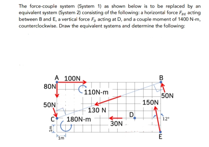 The force-couple system (System 1) as shown below is to be replaced by an
equivalent system (System 2) consisting of the following: a horizontal force FBE acting
between B and E, a vertical force F, acting at D, and a couple moment of 1400 N-m,
counterclockwise. Draw the equivalent systems and determine the following:
A 100N
80N
50N
1m
110N-m
130 N
180N-m
30N
D
150N
B
50N
12°
E
