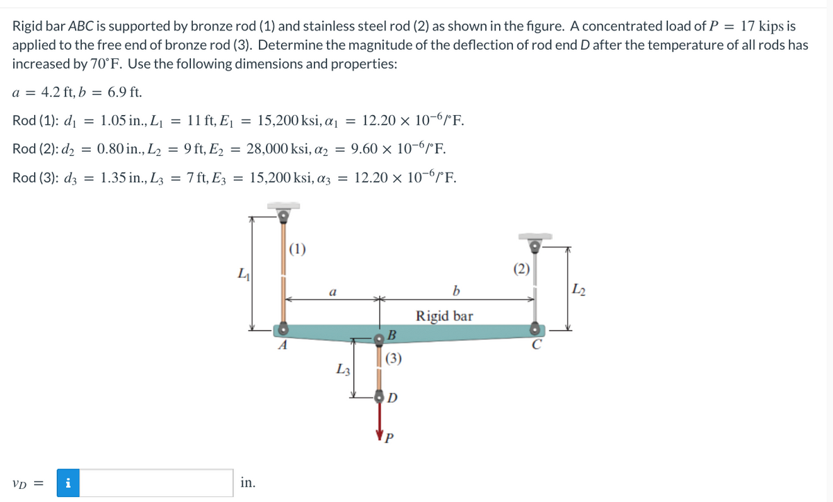 Rigid bar ABC is supported by bronze rod (1) and stainless steel rod (2) as shown in the figure. A concentrated load of P = 17 kips is
applied to the free end of bronze rod (3). Determine the magnitude of the deflection of rod end D after the temperature of all rods has
increased by 70°F. Use the following dimensions and properties:
a = 4.2 ft, b = 6.9 ft.
Rod (1): d₁ = 1.05 in., L₁= 11 ft, E₁
=
15,200 ksi, a = 12.20 x 10-6/°F.
Rod (2): d₂ = 0.80 in., L₂ = 9 ft, E2 = 28,000 ksi, α₂ = 9.60 x 10-6/°F.
Rod (3): d3 = 1.35 in., L3 = 7 ft, E3 = 15,200 ksi, a3 = 12.20 × 10-6/°F.
VD = i
L
in.
(1)
L3
B
(3)
D
P
b
Rigid bar
2
12
