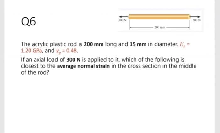 Q6
300 N
200 mm
The acrylic plastic rod is 200 mm long and 15 mm in diameter. E, =
1.20 GPa, and v, = 0.48.
If an axial load of 300 N is applied to it, which of the following is
closest to the average normal strain in the cross section in the middle
of the rod?
