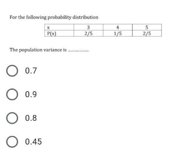 For the following probability distribution
3
4
P(x)
2/5
1/5
2/5
The population variance is .
O 0.7
О 09
O 0.8
O 0.45
