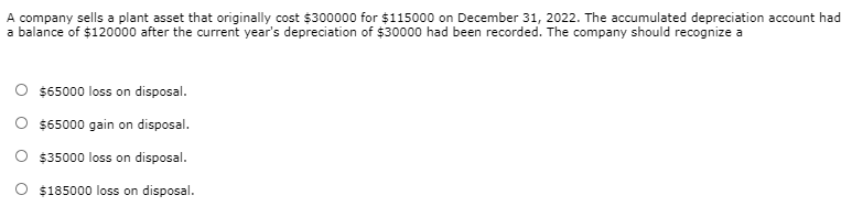 A company sells a plant asset that originally cost $300000 for $115000 on December 31, 2022. The accumulated depreciation account had
a balance of $120000 after the current year's depreciation of $30000 had been recorded. The company should recognize a
O $65000 loss on disposal.
O $65000 gain on disposal.
O $35000 loss on disposal.
O $185000 loss on disposal.
