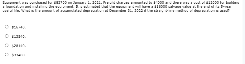 Equipment was purchased for $83700 on January 1, 2021. Freight charges amounted to $4000 and there was a cost of $12000 for building
a foundation and installing the equipment. It is estimated that the equipment will have a $16000 salvage value at the end of its 5-year
useful life. What is the amount of accumulated depreciation at December 31, 2022 if the straight-line method of depreciation is used?
O $16740.
$13540.
$28140.
$33480.
