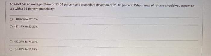 An asset has an average return of 11.03 percent and a standard deviation of 21.10 percent. What range of returns should you expect to
see with a 95 percent probability?
-10.07% to 32.13%
-31.17% to 53.23%
O-52.27% to 74.33 %
O-10.07% to 11.99%