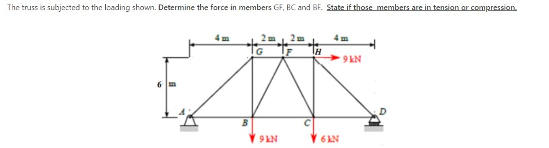 The truss is subjected to the loading shown. Determine the force in members GF, BC and BF. State if those members are in tension or compression.
4 m
2 m
2 m
4m
F
>9 kN
6 m
V 9 kN
V 6 KN
