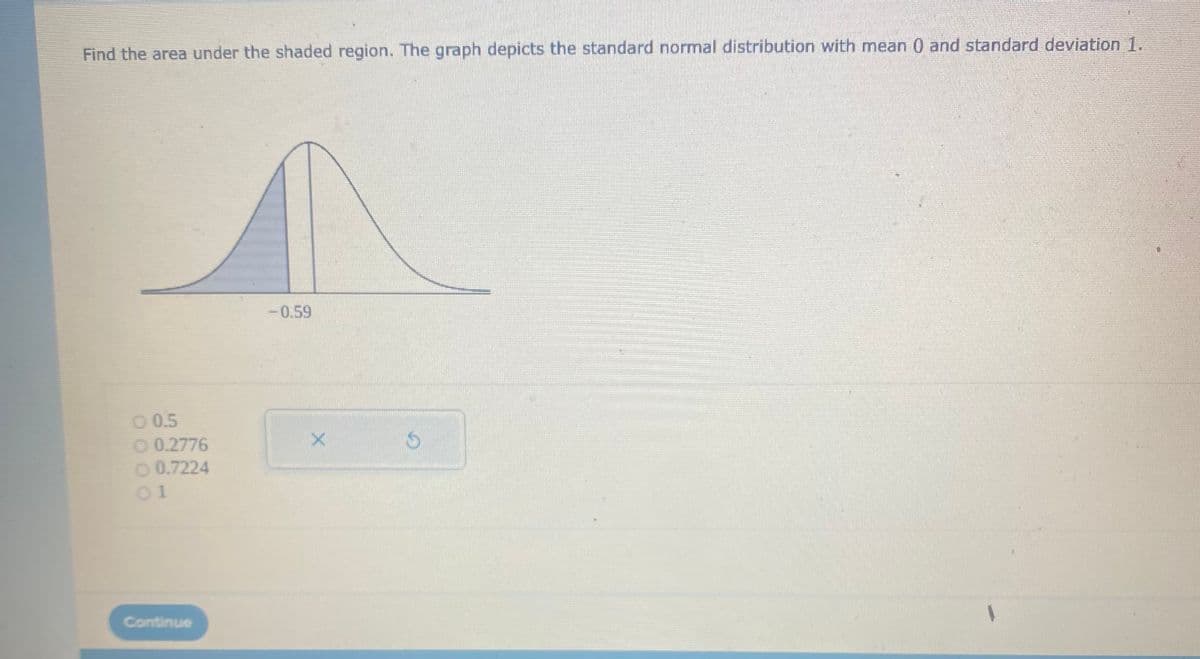 Find the area under the shaded region. The graph depicts the standard normal distribution with mean 0 and standard deviation 1.
-0.59
O 0.5
O 0.2776
O 0.7224
01
Continue
