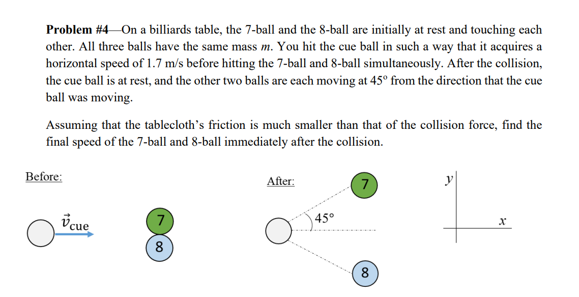 Problem #4 On a billiards table, the 7-ball and the 8-ball are initially at rest and touching each
other. All three balls have the same mass m. You hit the cue ball in such a way that it acquires a
horizontal speed of 1.7 m/s before hitting the 7-ball and 8-ball simultaneously. After the collision,
the cue ball is at rest, and the other two balls are each moving at 45° from the direction that the cue
ball was moving.
Assuming that the tablecloth's friction is much smaller than that of the collision force, find the
final speed of the 7-ball and 8-ball immediately after the collision.
Before:
After:
vcue
45°
8
