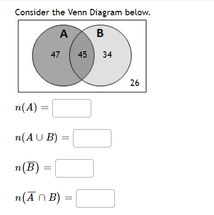 Consider the Venn Diagram below.
A
В
47
45 34
26
n(A) =
%3D
n(AU B)
n(B) =
n(Ān B) =

