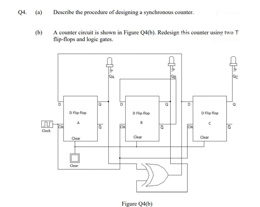 Q4.
(a)
Describe the procedure of designing a synchronous counter.
A counter circuit is shown in Figure Q4(b). Redesign this counter using two T
flip-flops and logic gates.
(b)
QA
QB
D Flip-flop
D Flip-flop
D Flip-flop
A
в
CIK
Clk
Clock
Clear
Clear
Clear
Clear
Figure Q4(b)
