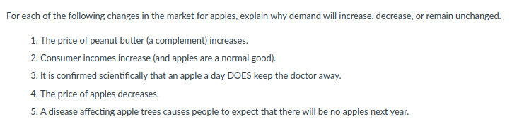 For each of the following changes in the market for apples, explain why demand will increase, decrease, or remain unchanged.
1. The price of peanut butter (a complement) increases.
2. Consumer incomes increase (and apples are a normal good).
3. It is confirmed scientifically that an apple a day DOES keep the doctor away.
4. The price of apples decreases.
5. A disease affecting apple trees causes people to expect that there will be no apples next year.
