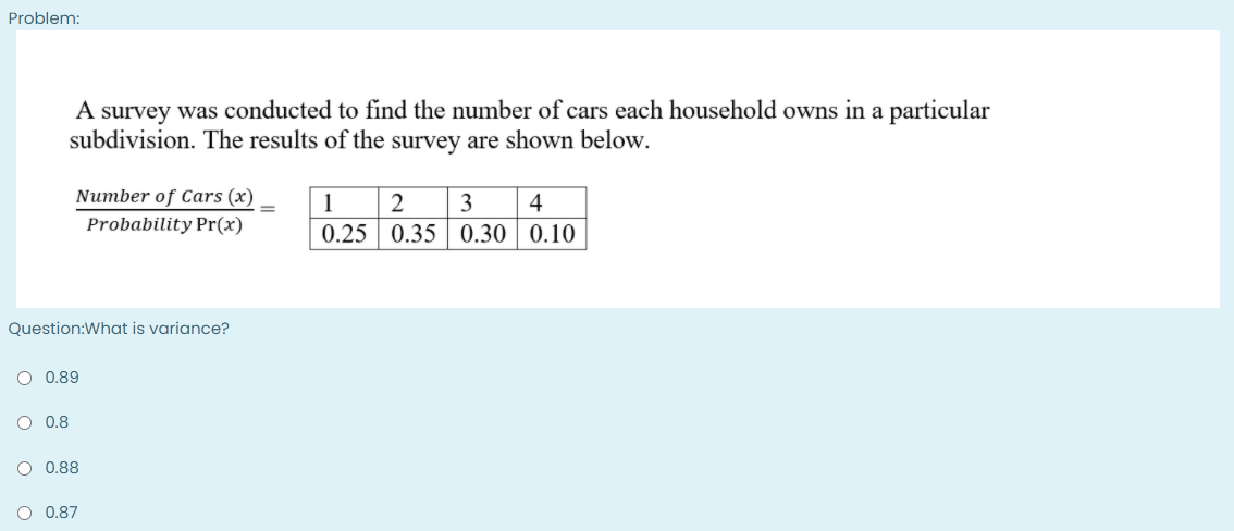 Problem:
A survey was conducted to find the number of cars each household owns in a particular
subdivision. The results of the survey are shown below.
Number of Cars (x)
1
2
3
4
Probability Pr(x)
0.25 0.35 0.30 | 0.10
Question:What is variance?
O 0.89
O 0.8
O 0,88
O 0.87
