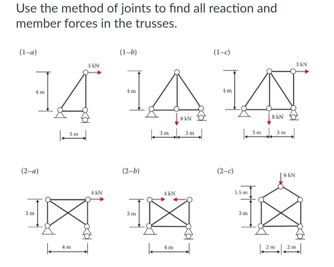 Use the method of joints to find all reaction and
member forces in the trusses.
(1-a)
3 kN
4 m
И
Д
3 м
(2-a)
3 m
4 m
4 kN
(1-b)
4 m
(2-b)
3 m
3 m
4 kN
4m
8 kN
3m
(1-c)
4m
(2-c)
B
3 m
1.5 m
1
3 m
8 kN
2 m
3 м
6 kN
3 kN
2m