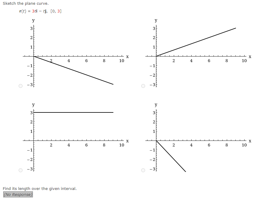 Sketch the plane curve.
r(t) = 3ti - tj, [0, 3]
y
O
2
1
-1
-2
y
3
2
-
-1
-2
2
4
4
Find its length over the given interval.
(No Response)
6
8
6 8
+ X
10
10
X
y
2
1
-1
-2
y
3
N
-1
-2
2
2
4
4
6 8
6
co
8
10
10
X
X