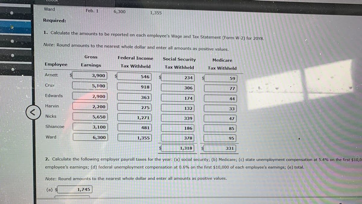 Ward
Feb. 1
6,300
1,355
Required:
1. Calculate the amounts to be reported on each employee's Wage and Tax Statement (Form W-2) for 2018.
Note: Round amounts to the nearest whole dollar and enter all amounts as positive values.
Employee
Gross
Earnings
Federal Income
Social Security
Medicare
Tax Withheld
Tax Withheld
Tax Withheld
Arnett
3,900
546
234
$
59
Cruz
5,100
918
306
77
Edwards
2,900
363
174
44
Harvin
2,200
275
132
33
<
Nicks
5,650
1,271
339
47
Shiancoe
3,100
481
186
85
Ward
6,300
1,355
378
95
$
1,318
331
2. Calculate the following employer payroll taxes for the year: (a) social security; (b) Medicare; (c) state unemployment compensation at 5.4% on the first $10,0
employee's earnings; (d) federal unemployment compensation at 0.6% on the first $10,000 of each employee's earnings; (e) total.
Note: Round amounts to the nearest whole dollar and enter all amounts as positive values.
(a) $
1,745