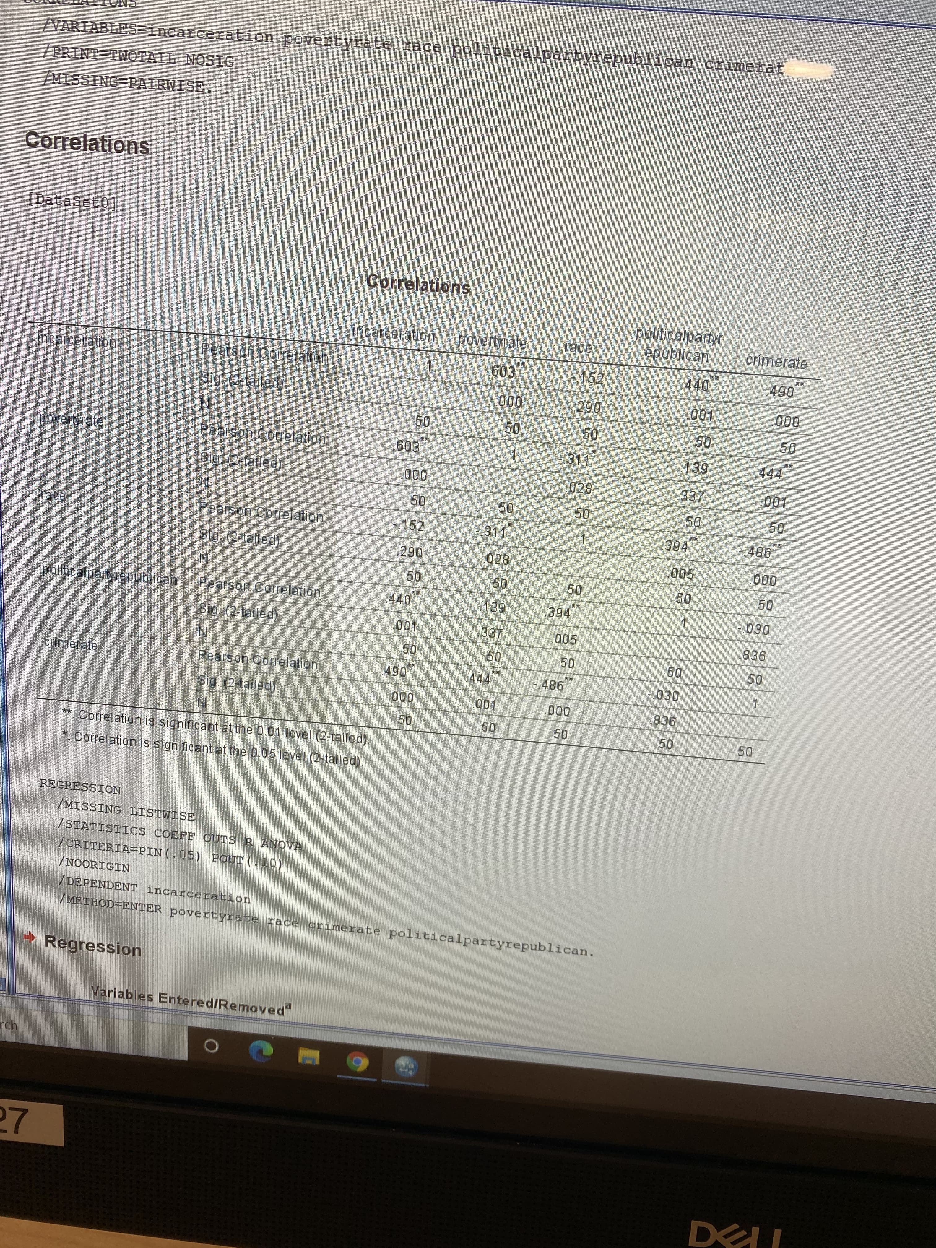 /VARIABLES=incarceration povertyrate race politicalpartyrepublican crimerat
ĐISON TIVLOMI=LNIHd/
Correlations
[DataSet0]
Correlations
politicalpartyr
epublican
incarceration
povertyrate
Incarceration'
Pearson Corelation
603
-152
1.
000
50
Sig (2-tailed)
000
N.
Pearson Corelation
09
povertyrate
-311
444
E09
1.
Sig (2-tailed)
000
09
.394
Pearson Correlation
-152
-311
1.
Sig. (2-tailed)
067
000*
09
politicalpartyrepublican
Pearson Correlation
1.
Sig. (2-tailed)
001
337
005
crimerate
Pearson Correlation
444
-.030
066
985
1.
Sig. (2-tailed)
001
836
000
000
Correlation is significant at the 0.01 level (2-tailed).
* Correlation is significant at the 0.05 level (2-tailed).
REGRESSION
ASIMISIT ONISSIN/
/STATISTICS COEFE OUIS R ANOVA
/NOORIGIN
VDEPENDENT incarceration
/METHOD=ENTER povertyrate race crimerate politicalpartyrepublican.
Regression
Variables Entered/Removed"
