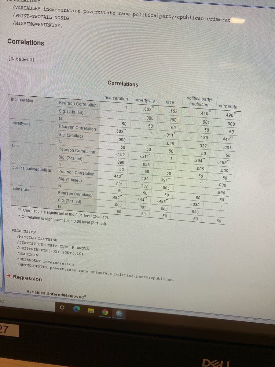 /VARIABLES=incarceration povertyrate race politicalpartyrepublican crimerat
/ PRINT=TWOTAIL NOSIG
/MISSING=PAIRWISE.
Correlations
[DataSet0]
Correlations
politicalpartyr
epublican
incarceration
povertyrate
race
crimerate
incarceration
Pearson Corelation
603"
1.
-152
440
490
Sig. (2-tailed)
.000
290
001
000
N
50
50
50
50
50
povertyrate
Pearson Correlation
.603"
- 311"
1
139
444
Sig. (2-tailed)
.000
.028
337
.001
50
50
50
50
50
race
Pearson Correlation
-152
-311
1
394*
- 486*
Sig. (2-tailed)
290
028
.005
.000
N
50
50
50
politicalpartyrepublican
Pearson Correlation
50
50
440
139
394"
-030
Sig. (2-tailed)
001
337
05
836
50
50
50
crimerate
50
50
Pearson Correlation
490
444"
486
- 030
Sig. (2-tailed)
000
001
00
836
50
50
50
** Correlation is significant at the 0.01 level (2-tailed).
50
50
*. Correlation is significant at the 0.05 level (2-tailed).
REGRESSION
/MISSING LISTWISE
/STATISTICS COEFF OUTS R ANOVA
/CRITERIA=PIN (.05) POUT (. 10)
/NOORIGIN
/DEPENDENT incarceration
/METHOD=ENTER povertyrate race crimerate politicalpartyrepublican.
- Regression
Variables Entered/Removed"
ch
27
