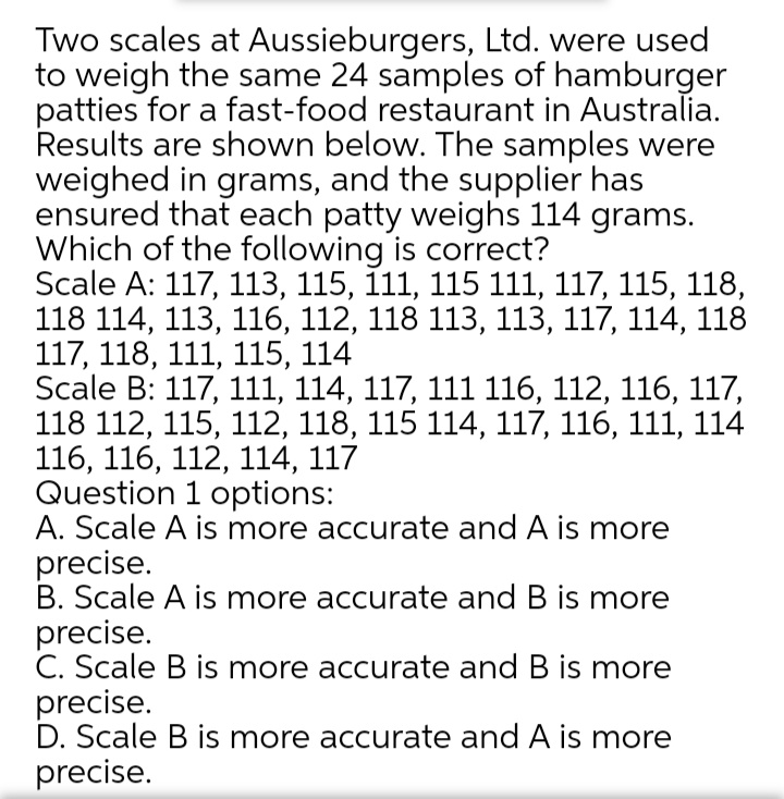 Two scales at Aussieburgers, Ltd. were used
to weigh the same 24 samples of hamburger
patties for a fast-food restaurant in Australia.
Results are shown below. The samples were
weighed in grams, and the supplier has
ensured that each patty weighs 114 grams.
Which of the following is correct?
Scale A: 117, 113, 115, 111, 115 111, 117, 115, 118,
118 114, 113, 116, 112, 118 113, 113, 117, 114, 118
117, 118, 111, 115, 114
Scale B: 117, 111, 114, 117, 111 116, 112, 116, 117,
118 112, 115, 112, 118, 115 114, 117, 116, 111, 114
116, 116, 112, 114, 117
Question 1 options:
A. Scale A is more accurate and A is more
precise.
B. Scale A is more accurate and B is more
precise.
C. Scale B is more accurate and B is more
precise.
D. Scale B is more accurate and A is more
precise.
