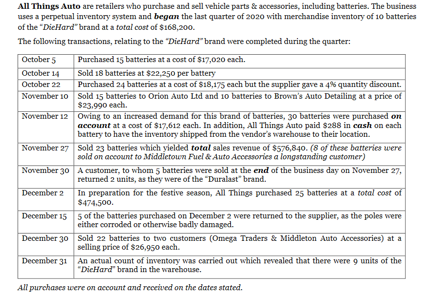 All Things Auto are retailers who purchase and sell vehicle parts & accessories, including batteries. The business
uses a perpetual inventory system and began the last quarter of 2020 with merchandise inventory of 10 batteries
of the "DieHard" brand at a total cost of $168,200.
The following transactions, relating to the "DieHard" brand were completed during the quarter:
October 5
Purchased 15 batteries at a cost of $17,020 each.
October 14
Sold 18 batteries at $22,250 per battery
Purchased 24 batteries at a cost of $18,175 each but the supplier gave a 4% quantity discount.
October 22
November 10 Sold 15 batteries to Orion Auto Ltd and 10 batteries to Brown's Auto Detailing at a price of
$23,990 each.
November 12 Owing to an increased demand for this brand of batteries, 30 batteries were purchased on
account at a cost of $17,612 each. In addition, All Things Auto paid $288 in cash on each
battery to have the inventory shipped from the vendor's warehouse to their location.
November 27 Sold 23 batteries which yielded total sales revenue of $576,840. (8 of these batteries were
sold on account to Middletown Fuel & Auto Accessories a longstanding customer)
November 30 A customer, to whom 5 batteries were sold at the end of the business day on November 27,
returned 2 units, as they were of the "Duralast" brand.
December 2
In preparation for the festive season, All Things purchased 25 batteries at a total cost of
$474,500.
December 15 5 of the batteries purchased on December 2 were returned to the supplier, as the poles were
either corroded or otherwise badly damaged.
December 30 Sold 22 batteries to two customers (Omega Traders & Middleton Auto Accessories) at a
selling price of $26,950 each.
December 31 An actual count of inventory was carried out which revealed that there were 9 units of the
"DieHard" brand in the warehouse.
All purchases were on account and received on the dates stated.
